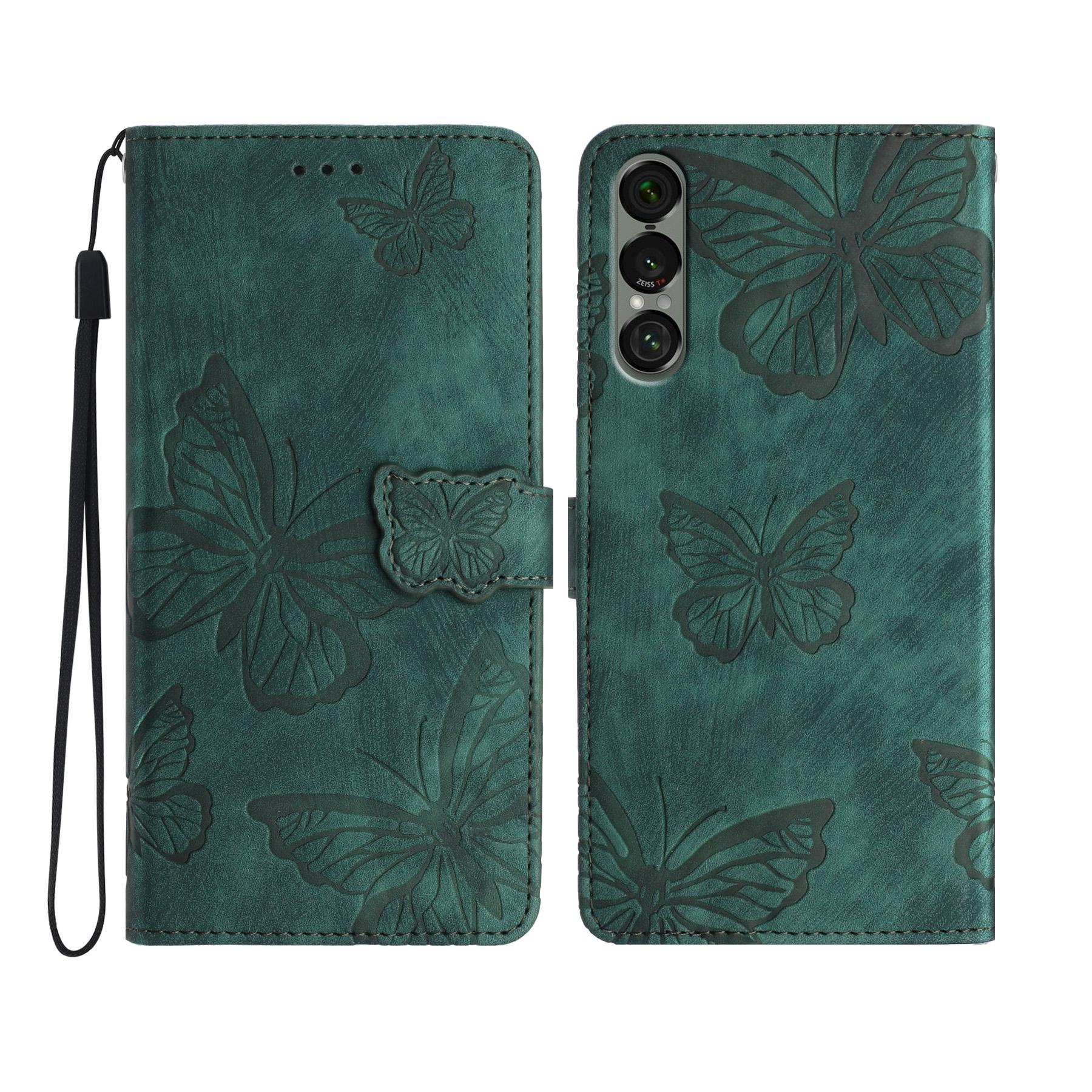 

For Sony Xperia 1 VII Case Butterfly Design Flip Wallet Leather Phone Cover Skin-Touch Green