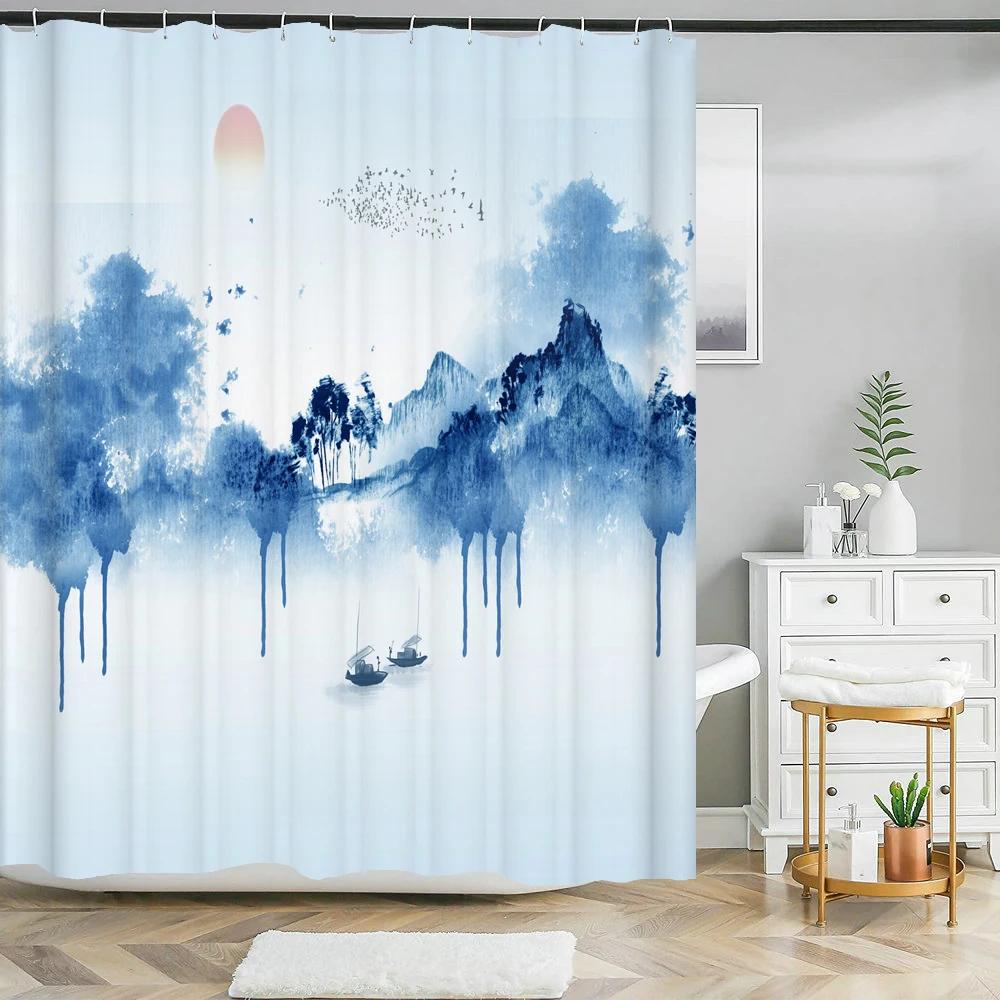 Chinese ink landscape style shower curtain scenic pattern Waterproof Fabric bath curtain washable Bathroom curtains Multi Size