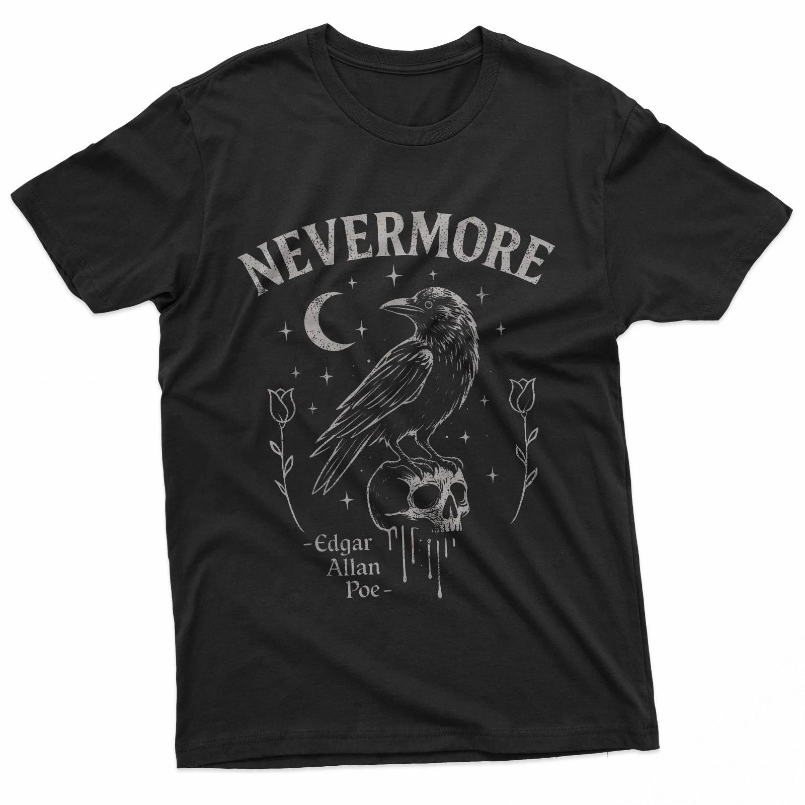 Nevermore Raven Skull Art Gothic Edgar Allan Poe 100% Cotton T-shirt Mens Tees Top 3XL