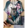 XL-7XL Plus Size Women's Casual Owl 3D Print Loose Round Neck Short Sleeved T-shirt Top