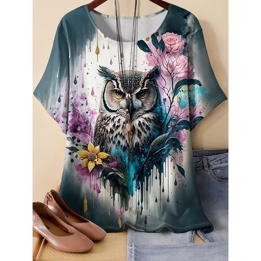 XL-7XL Plus Size Women's Casual Owl 3D Print Loose Round Neck Short Sleeved T-shirt Top