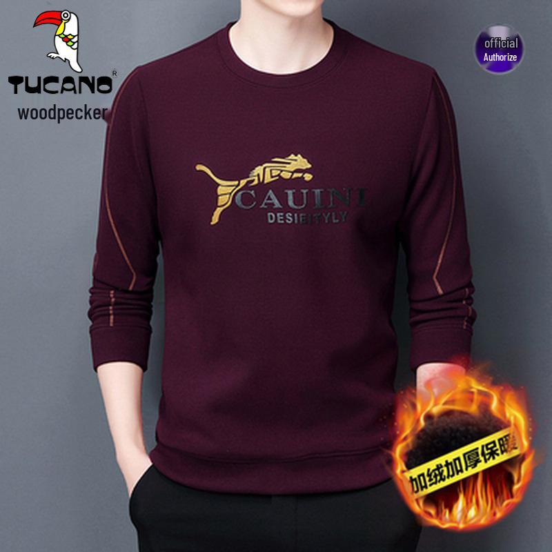 Woodpecker Men s Velvety Hoodie: Spring/Autumn Loose-Fit, Round Neck, Versatile Warm Long Sleeve T-Shirt 180