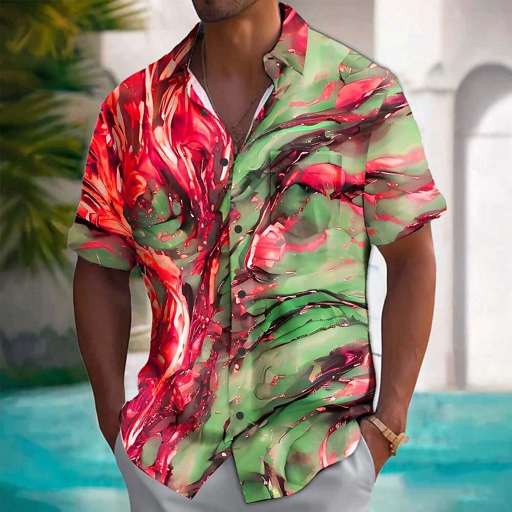 Men's Geometric Marble Abstract Liquid Art Shirt Summer Hawaiian Button Up Shirt Aloha Shirt Short Sleeve Front One Pocket