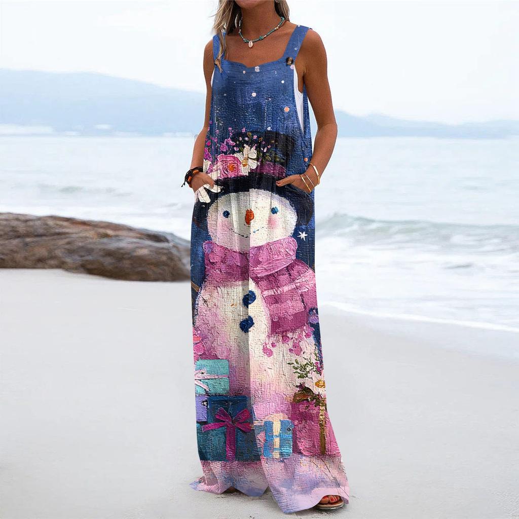 Women's Christmas Print Solid Wide Leg Strapless Tank Pocket Casual Onesie