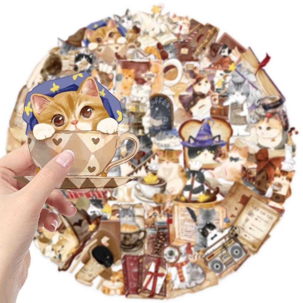 50-Piece Cartoon Magic Cat Café Stickers - DIY PET Transparent Decor for Phone Cases, Luggage, Laptops & Hand Accounts