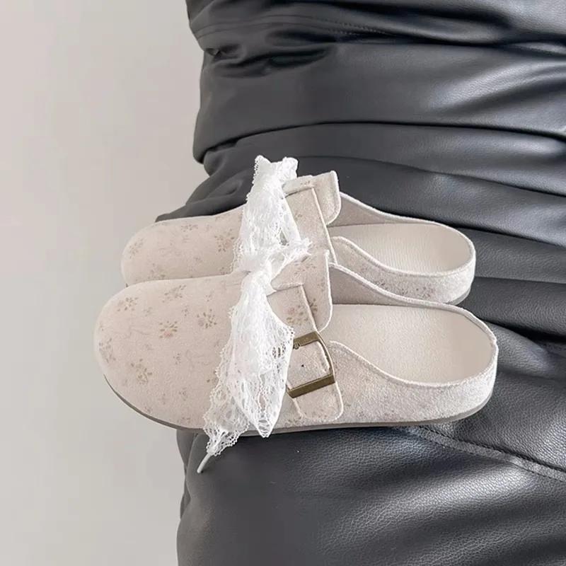 Fashion National Style French Lace Bow Baotou Half Slippers for Women's Outward Wear 2025 Summer New Platform Cool Mop
