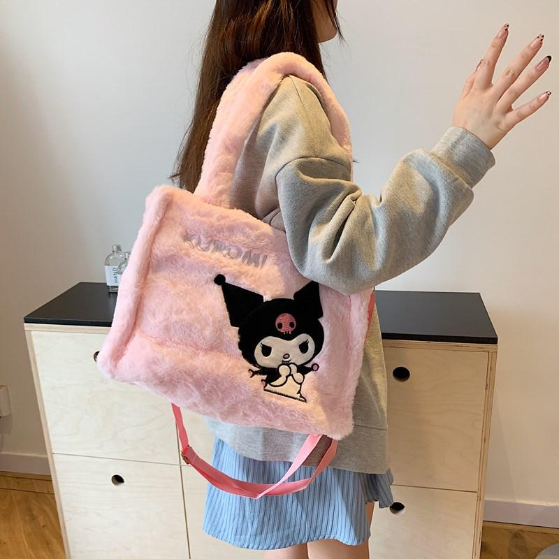 Women's Plush Kuromi & Cinnamoroll Tote Crossbody Bag - Cute Dog Tooth Design Handbag