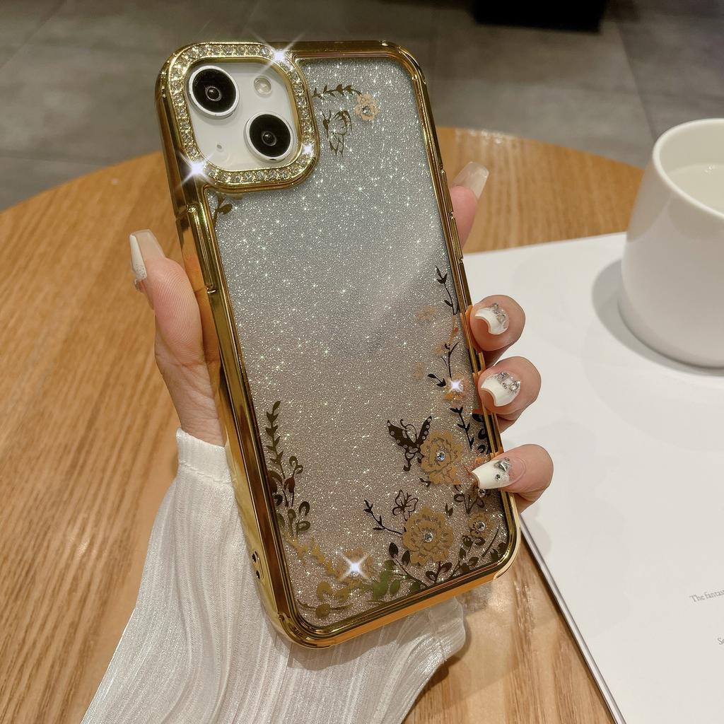 Suitable for Apple 16ProMax, Butterfly Ring Stand, Phone Case, Rhinestone, IPhone15 Electroplated Gradient Glitter Case