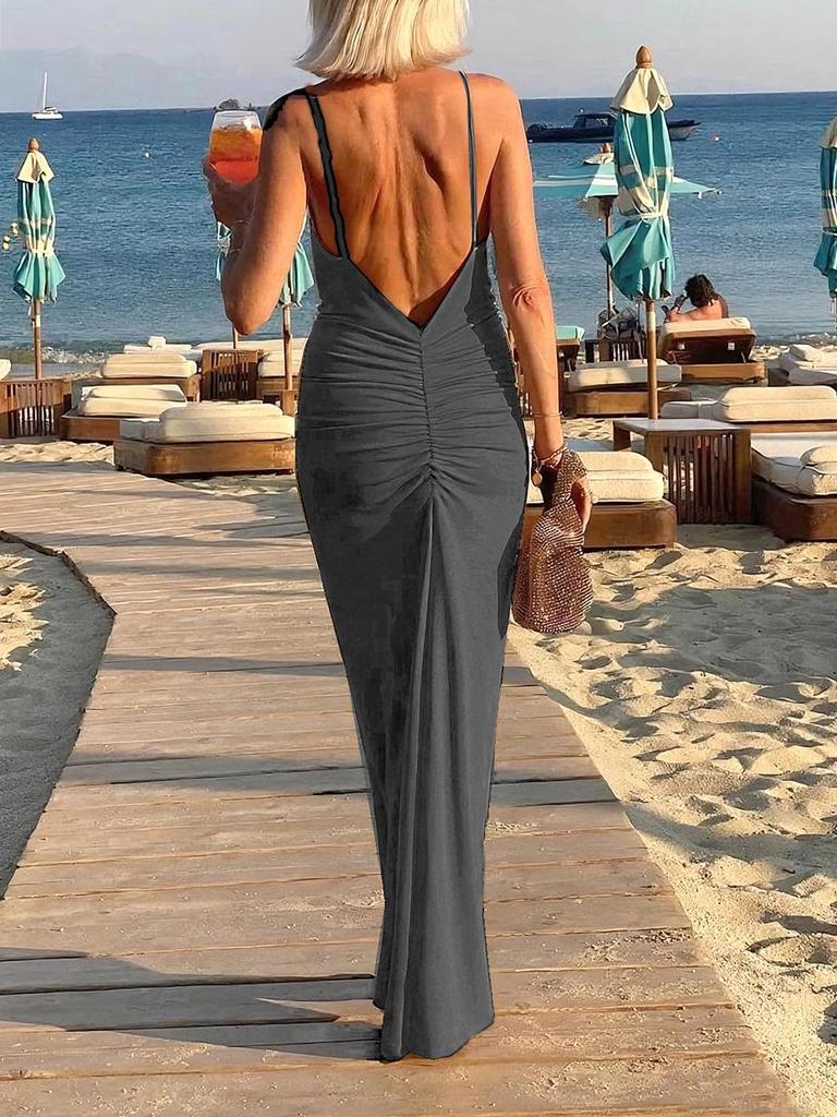 2025 Summer Women's Knitted Ruched Backless Cover-up Dress