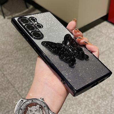 Luxury Plating Gradient 3D Butterfly Holder Stand Phone Case For Sunsamg Galaxy S24 S23 S22 S21 Ultra Plus Shockproof Phone Case