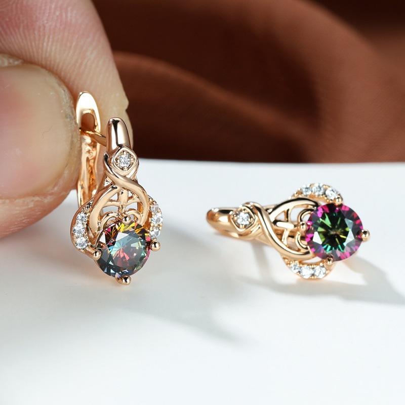 

Colorful Round Diamond Stone Champagne Gold Luxury Ear Buckle Wedding Engagement Quality Earrings