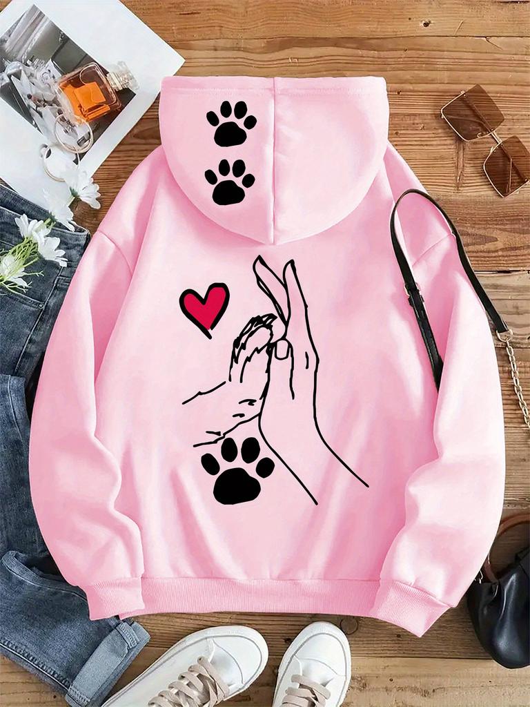 Healing People and Dogs Holding Hands Love Paw Prints Back Hat Top Printing Hooded Sweater Loose Shoulder Same for Men and Women