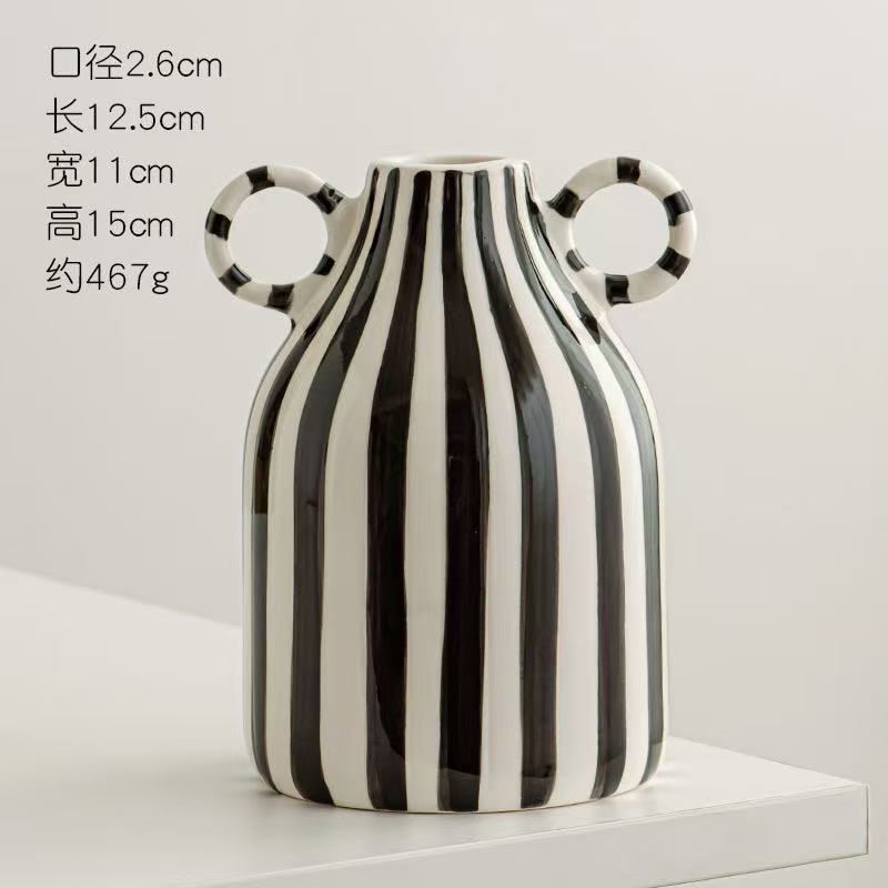 European Hand Painted Striped Ceramic Vase French Light Luxury Living Room Decor