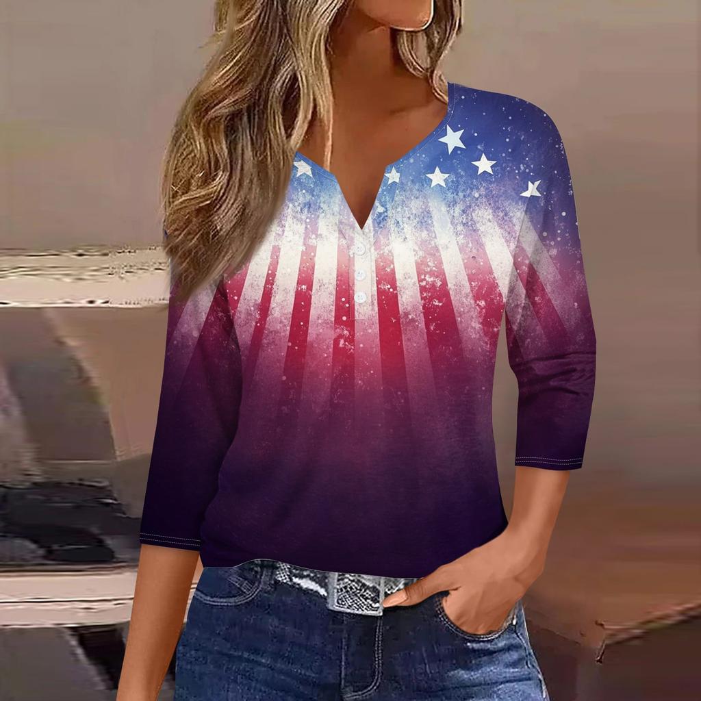Women's T Shirt Print Button 3/4 Sleeve Daily Weekend Fashion Basic V- Neck Regular Top
