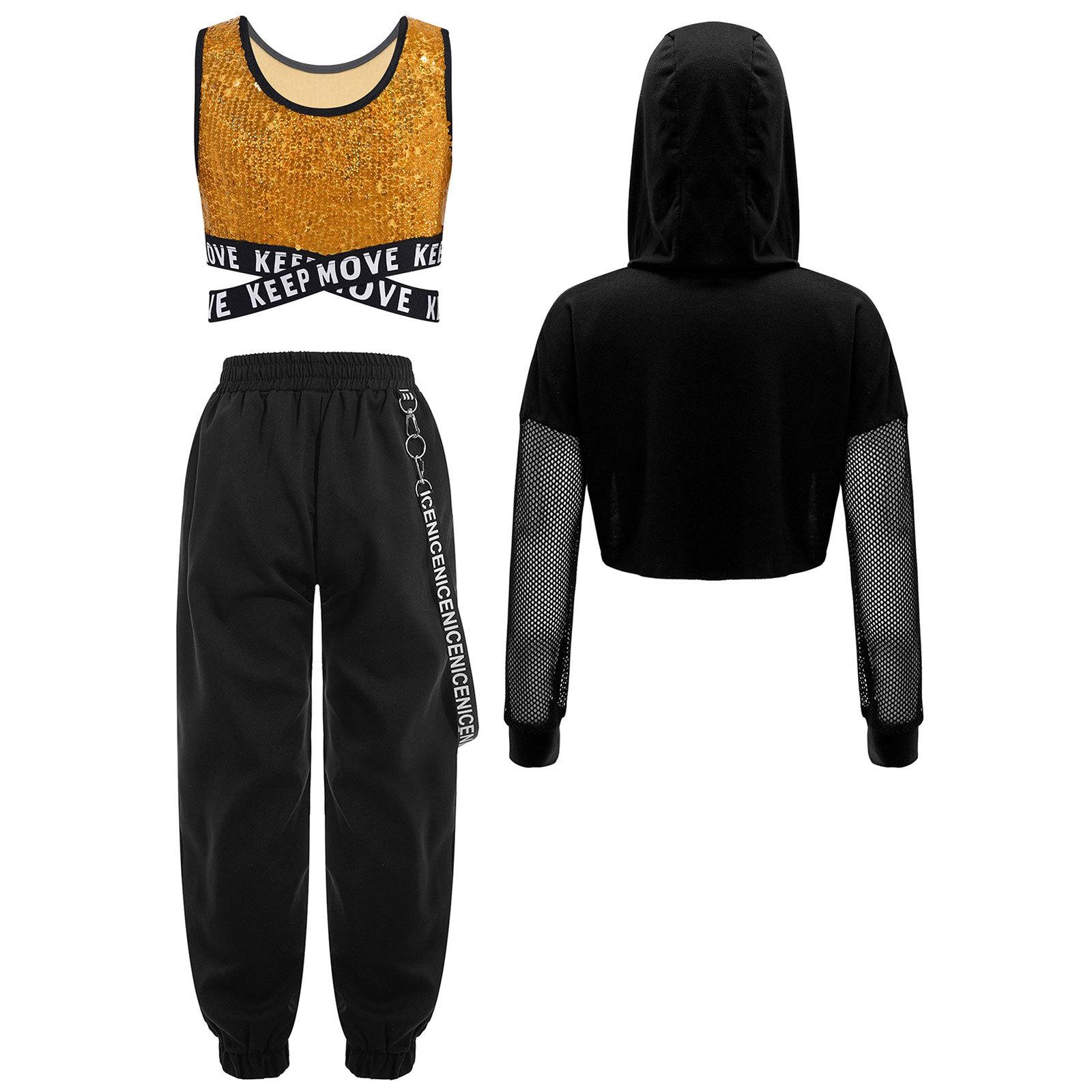 

Girls Hip-hop Jazz Costume Set 3Pcs: Sparkling Sequins Vest with Criss-cross Waistline, Metal Chain Pocket Pants & Sheer Mesh Hoodie for Stage Dance 5-6 Years