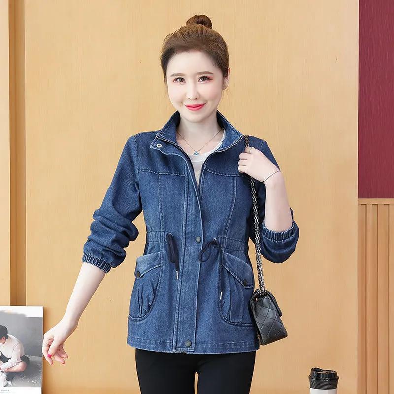 Women's Spring and Autumn Mid-length Drawstring Denim Jacket Solid Color Loose Elegant Top