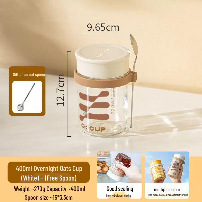 

Portable Oatmeal & Yogurt Glass Jar with Lid - Transparent Breakfast, Milkshake, Cereal, or Water Cup 400ml бежевий