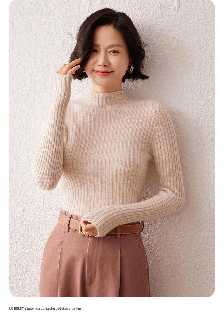 Women's Striped Cashmere Sweater - Autumn/Winter, Half-High Neck, Slim-Fit, Knitted Base Layer
