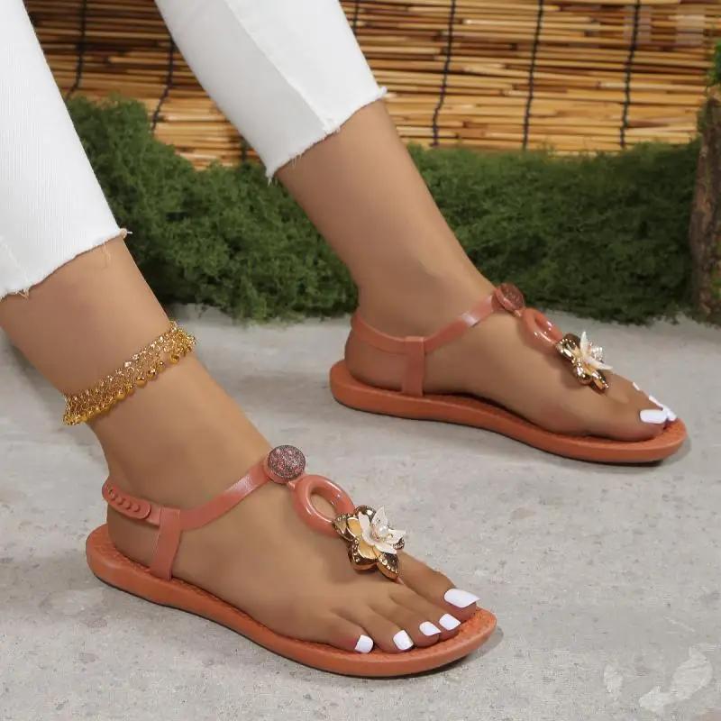 Fashion Women's Flowers Clip-toe Soft Sole Sandals Luxury Rhinestone Anti-slip Flat Sandals Summer Light Comfort Zapatillas De Mujer