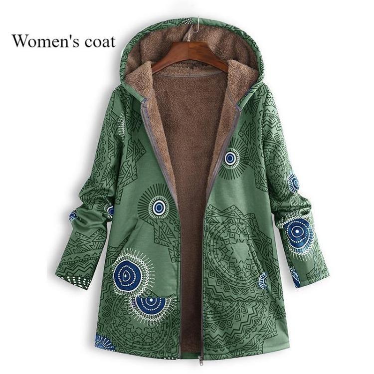 Hooded Women Thick Cotton Linen Jacket Zipper Print Coat Warm Pocket New Autumn Winter