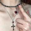 Punk Grunge Red Heart Crystal Cross Pendant Double Layer Silver Color Chain Necklace for Women Gothic Y2k Aesthetic Jewelry Gift