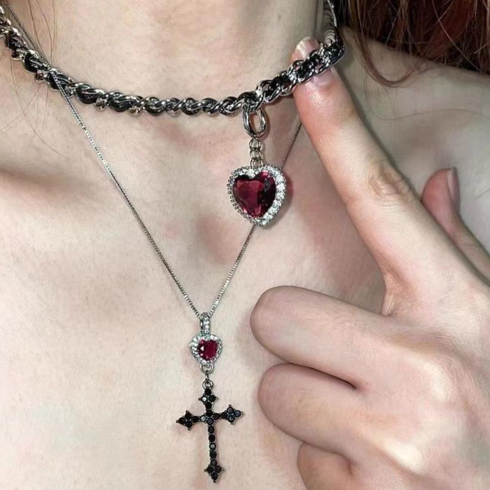 Punk Grunge Red Heart Crystal Cross Pendant Double Layer Silver Color Chain Necklace for Women Gothic Y2k Aesthetic Jewelry Gift