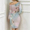 Women Plus Size Asymmetric Cold Shoulder Long Sleeve Blue Purple Gold Fluid Art Print Irregular Wrap Bodycon Midi Dress