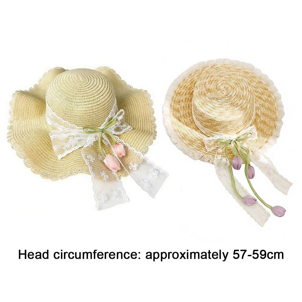 Sweet Lightweight Straw Hat Lace Bow Woven Straw Sun Hat Flat Top Breathable Beach Hat Summer