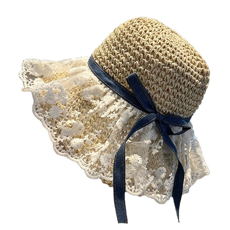 Summer atmosphere lace edge bow woven straw hat female sweet idyllic big brim sunshade sun protection hat