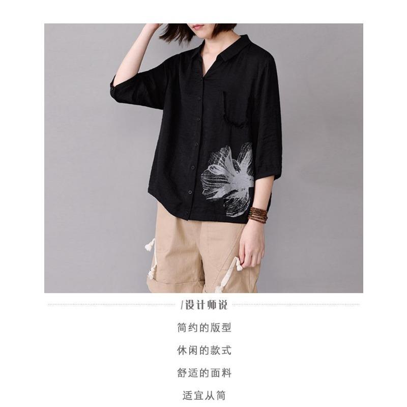 Moda Donna Nuova Camicia con Revers a Mezza Manica Top a Manica a Tre Quarti Cardigan da Donna Stampato con Bottoni e Patchwork