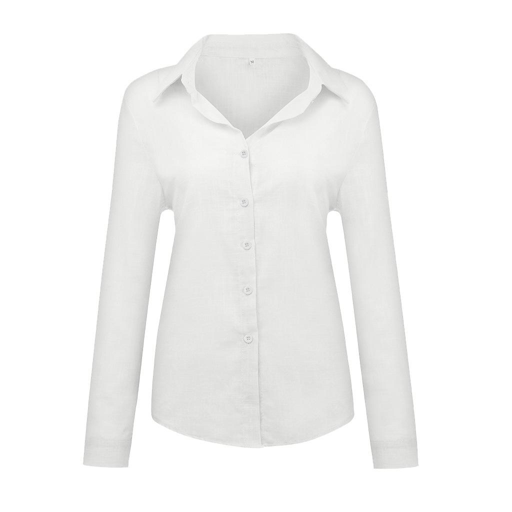 Nowe letnie damskie bluzki w jednolitym kolorze z klapą na guziki Casual luźna z długim rękawem lniany Top bluzki damskie biały top Blusas Mujer