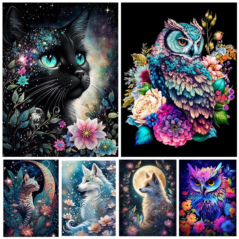 Diamantkreuz-Stickerei Buntes Gemälde Niedliche Farbige Eule Katze und Hund 5D DIY Diamant-Tierstickerei Heimdekoration