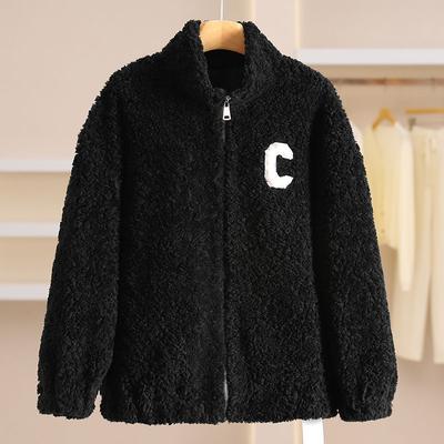 New Autumn and Winter Thickened Fried Street Design Sense Black Fluffy Baseball Jacket Women's Fleece White