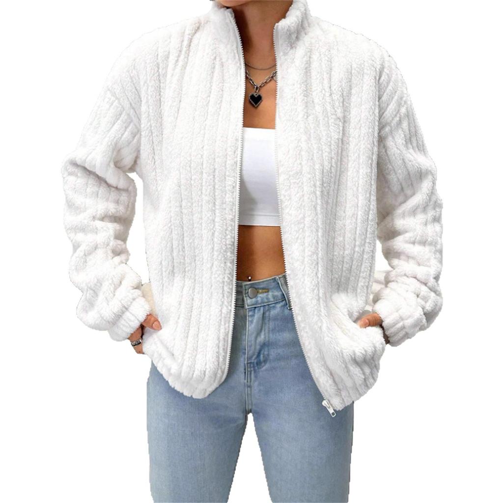 Women's Clothing, New Autumn/winter 2025 Collection, Pit Stripe Design, Plush Cardigan, Stand Up Collar Short Jacket, Warm Jacket