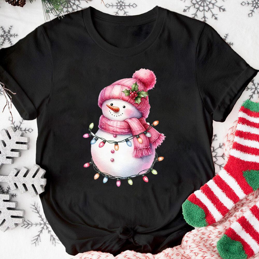Christmas Pink Snowman T-shirt Christmas Activities TShirts Women Unisex Casual Tops White T-Shirt Graphic TShirt Streetwear