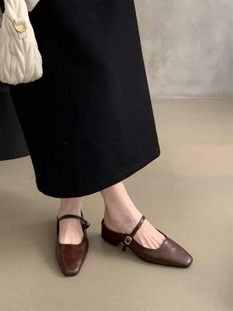 

Baotou half slippers women s summer outer wear spring and autumn new Korean version French evening breeze temperament silver single shoes thick 40 коричневый