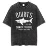 Mens Washed Cotton TShirt Quints Shark Fishing Graphic Tee Acid Wash Retro 1975 Streetwear Top