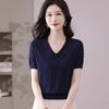 Summer Women's V-neck Knitted T-shirt Top T-shirt Solid Color Top
