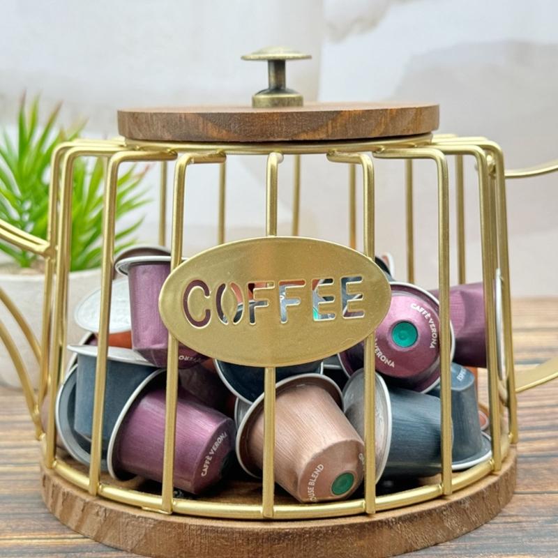 Coffee Capsules Organizer with Lid Large Capacity Espresso Pods Storage Basket Wooden Base Kitchen Countertop Cup