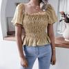 Chic bluse med blomsterprint for kvinner Vår Sommer Firkantet krage Korte lanternermer Kappehem Slank midje Chiffontopp Enkel S-XL