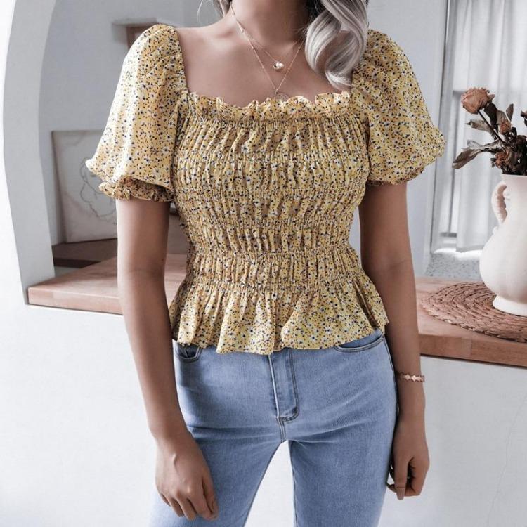 Chic bluse med blomsterprint for kvinner Vår Sommer Firkantet krage Korte lanternermer Kappehem Slank midje Chiffontopp Enkel S-XL