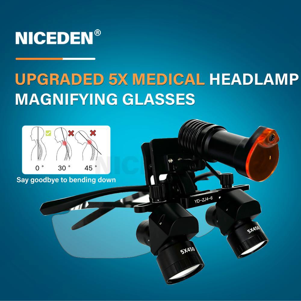 Niceden 4X 5X 6X Dental Binocular Magnifying Loupes 5W Surgery Medical Headlamp Lithium Battery 300-600mm