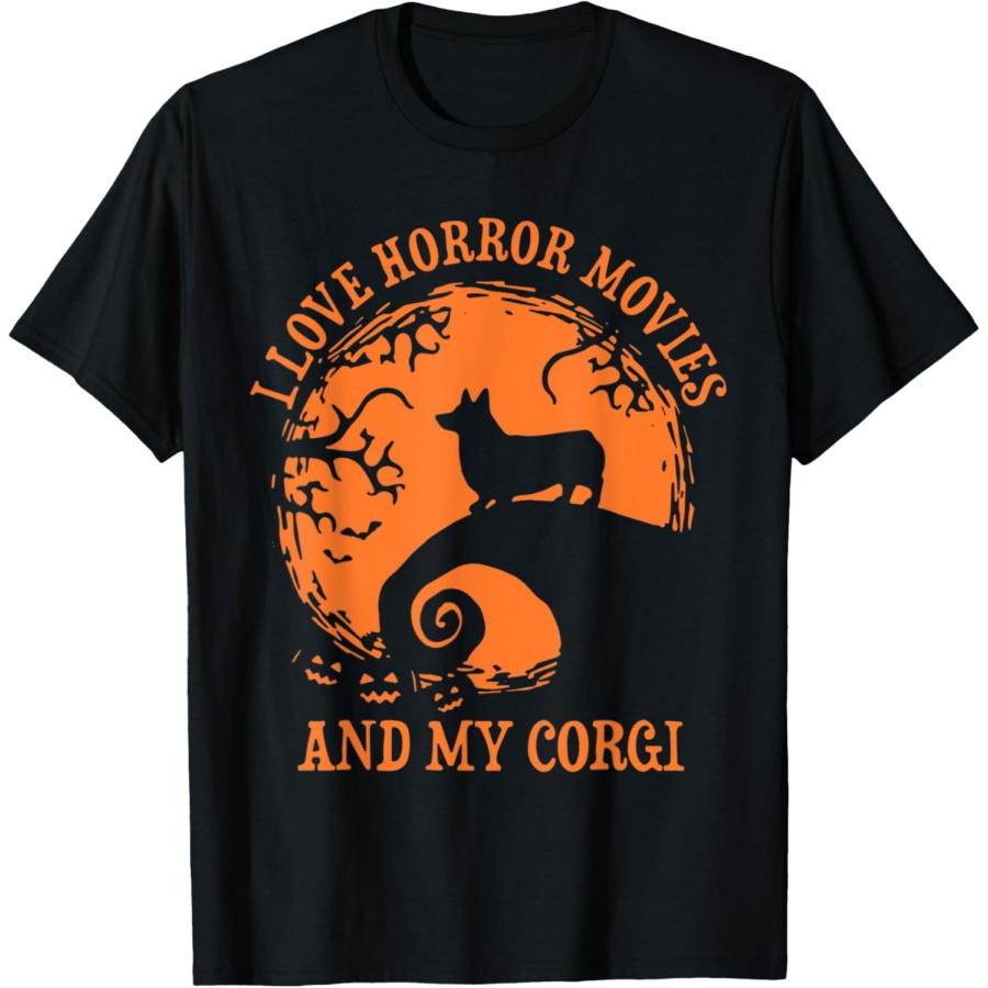 I Love Horror Movie And My Corgi, Funny Halloween Corgi T-Shirt S