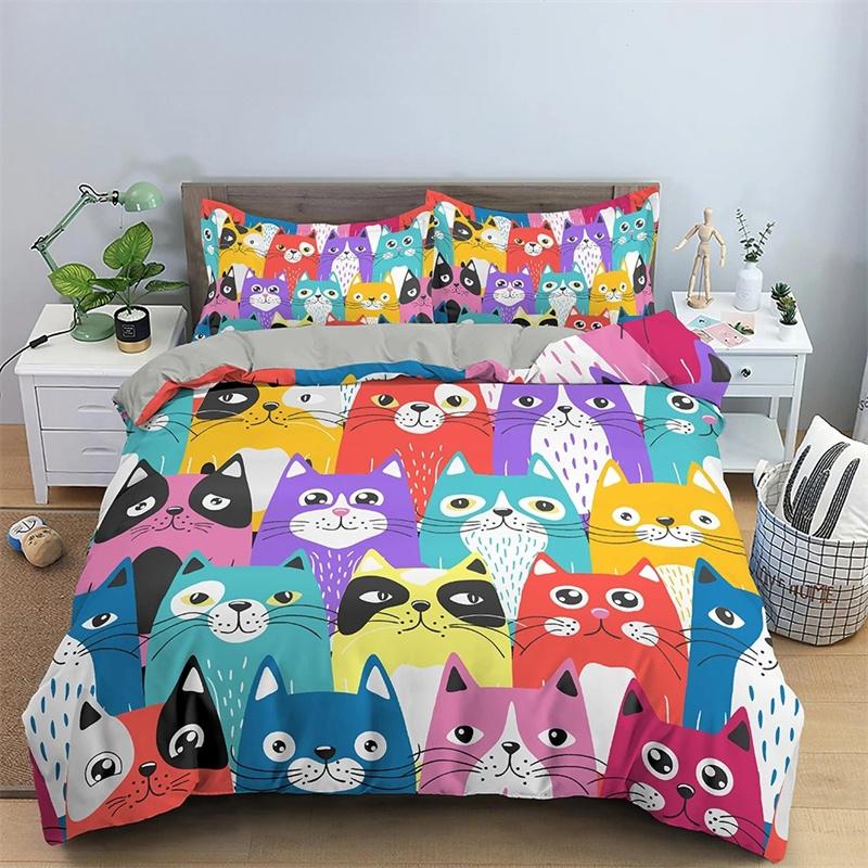 Copripiumino Re Regina Gatto Cartone Animato Colorato Adorabile Set Biancheria da Letto Animale Bambini Animale Domestico Gattino Copripiumino Morbido Poliestere Copripiumino