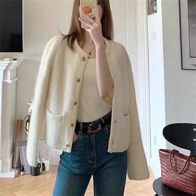 Suéter corto blanco elegante para mujer, chaqueta holgada informal de manga larga y top corto para mujer