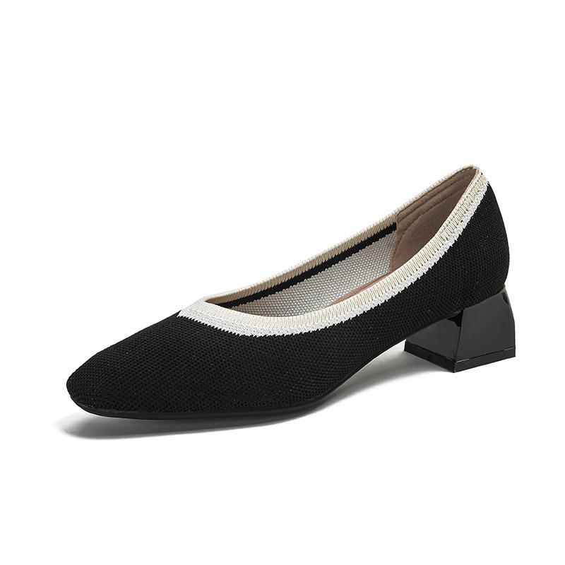 Strength Fashion Versatile Flying Knitting Comfortable Coarse Heel Pointed Small Square Head Knitted Women's Shoes