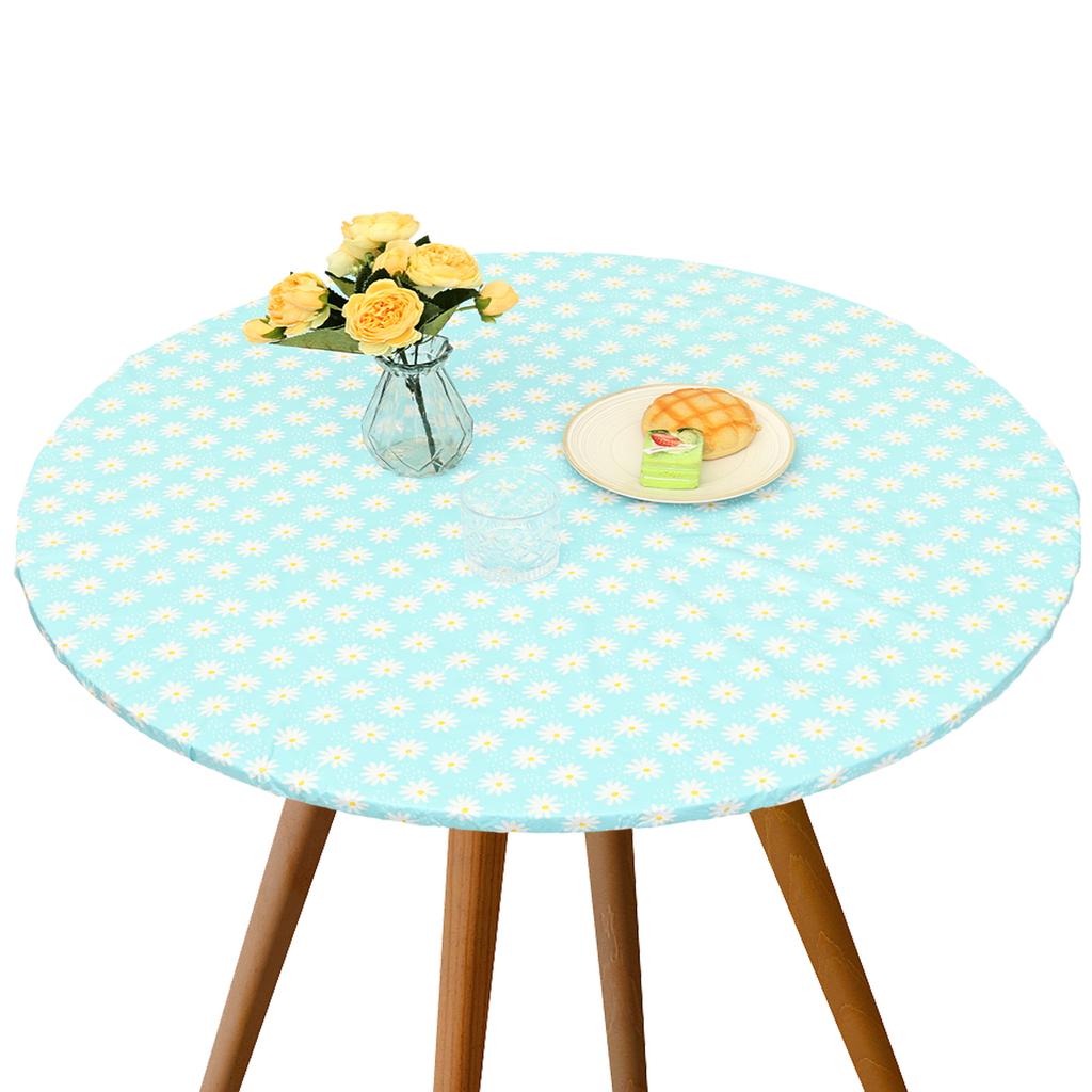 Elastic Round Table Cloth Fitted Flannel Backed Vinyl Tablecloth Waterproof Wipeable Dining Table Covers For Camping