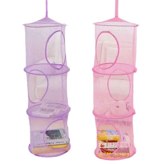 3-Tier Hanging Mesh Organizer with Stacking Open Cages - Ideal for Plush Toy, Multi-Purpose Toy Hammock, Cylindrical Storage Net Hammock