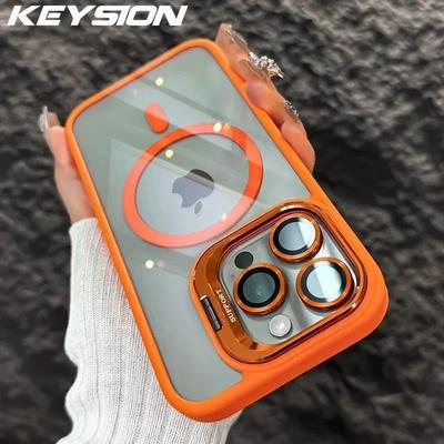 KEYSION Magnetyczne Przezroczyste Etui na Telefon dla MagSafe dla iPhone 15 16 Pro Max 16 Plus 16e Ochraniacz Obiektywu Metalowa Podstawka Odporny na Wstrząsy Pokrowiec
