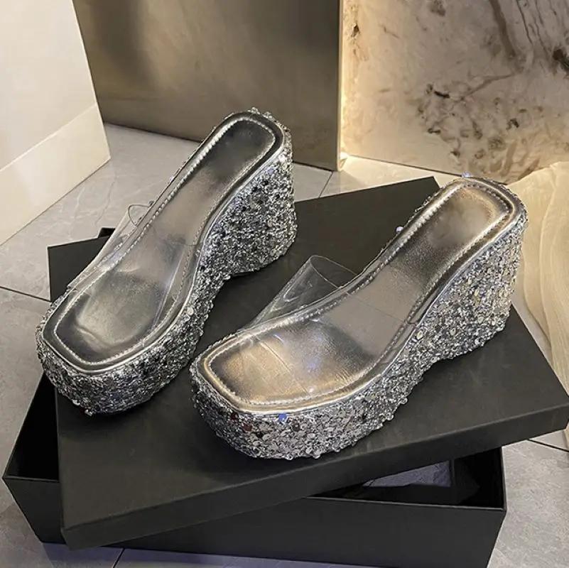 Eilyken New Summer Design Sequin Cloth Platform Wedges Slippers Women Street Style PVC Transparent Heels Banquet Shoes